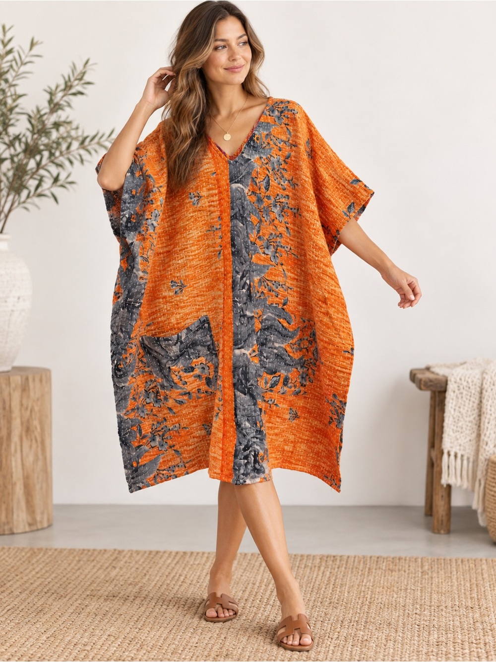 Kantha Tunic Dress Reversible Orange Pink Floral Quilted Boho Oversized Handmade